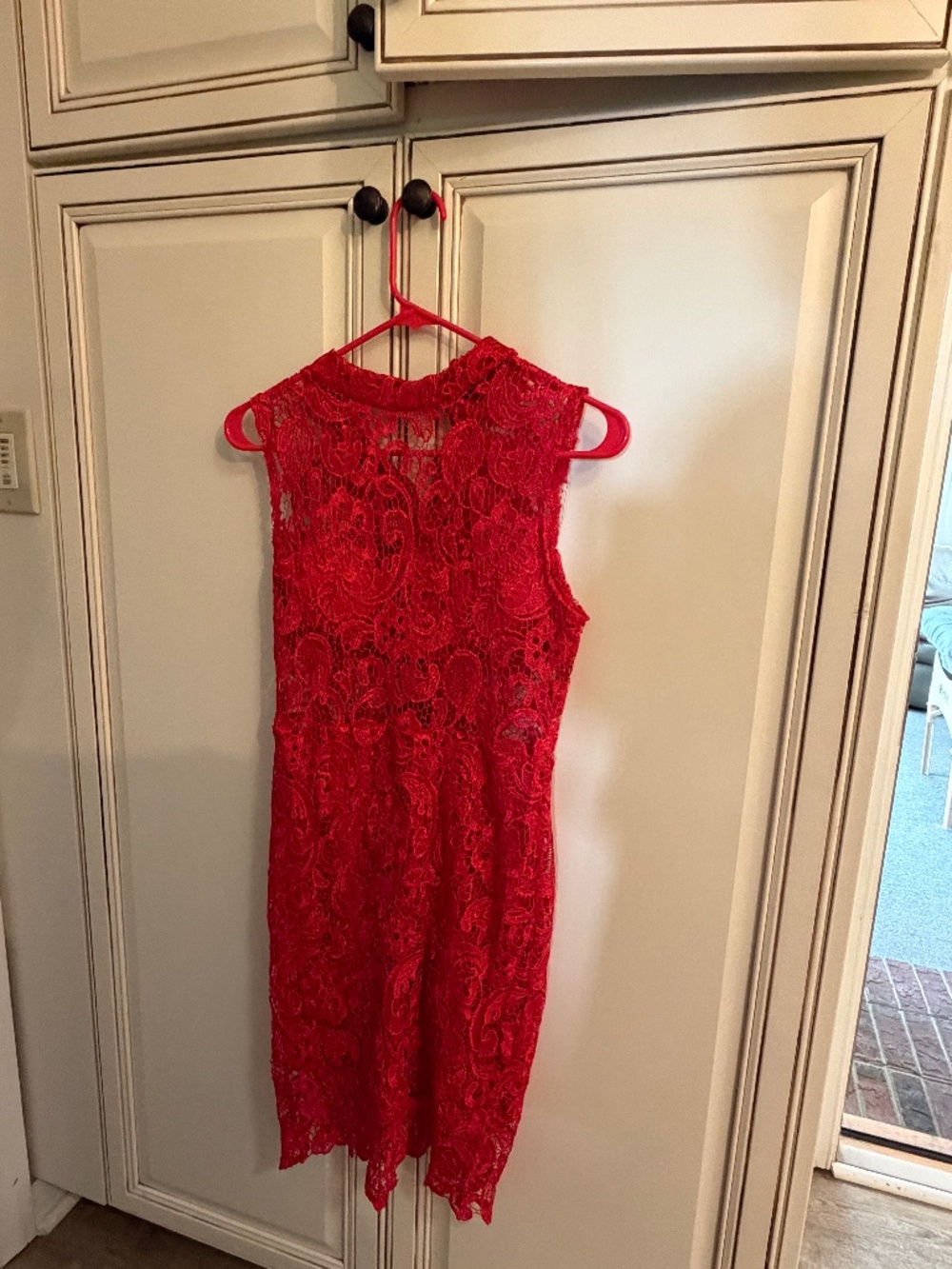Red Sleeveless High Neck Floral Lace Mini Bodycon Dress